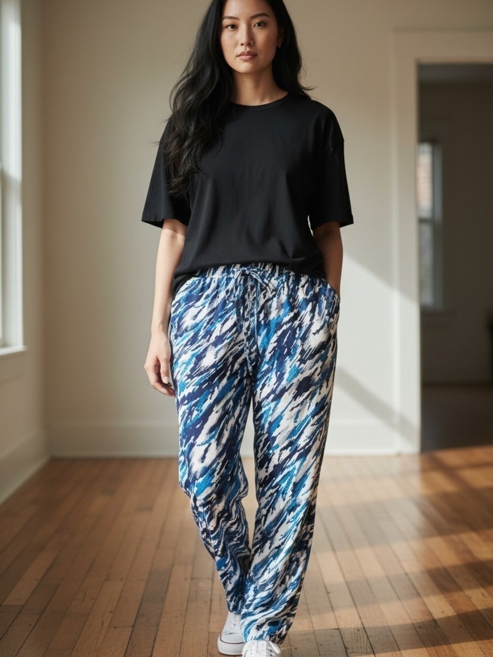 NWT Rachel Roy Womenβs L Blue Abstract Print Pull On Wide Leg Pants - Picture 9 of 9